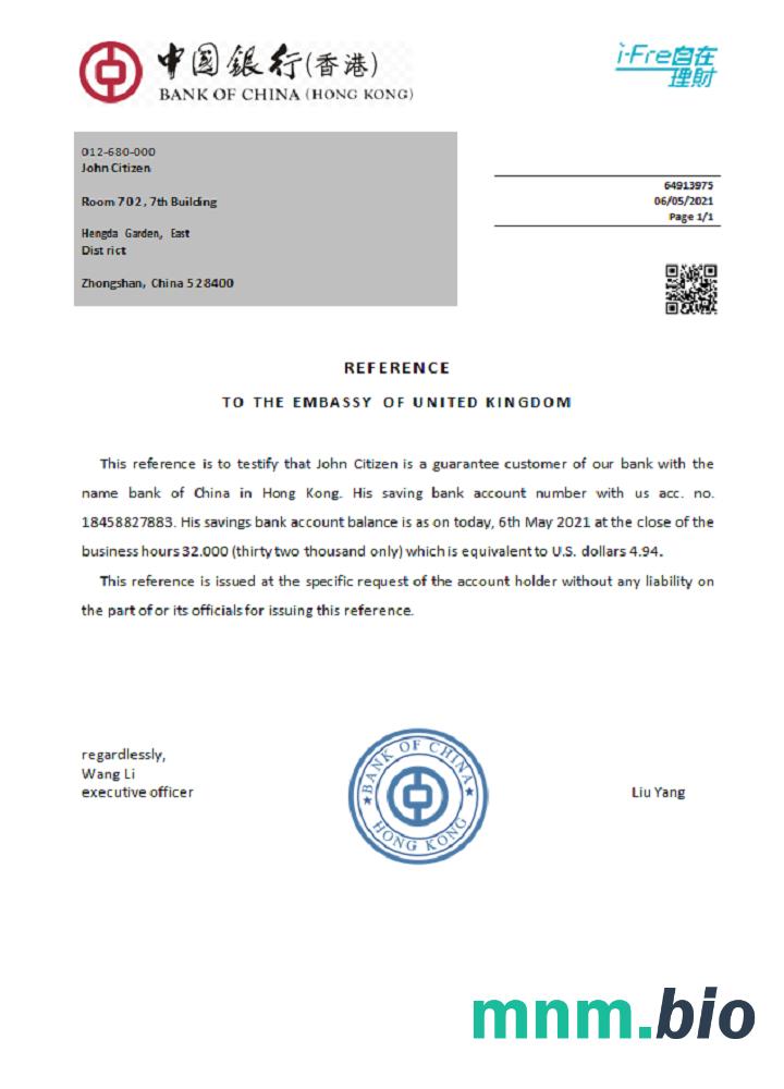 Przykład odniesienia Banku Chin w Hongkongu w formatach Word i PDF